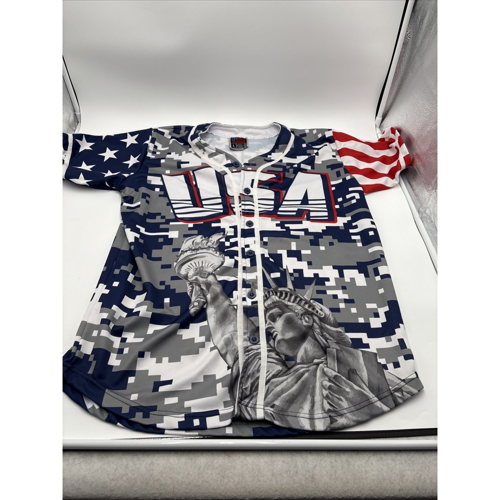 Greater Half Mens Button Up Jersey Shirt Size Large All Over Print Patriotic USA